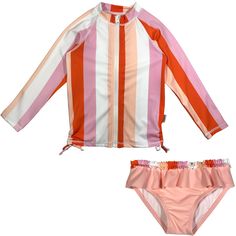 Shop Girl Long Sleeve Girl Rash Guard Swimsuit Set (2 Piece) UPF 50+ - "Peachy Stripe" with ruffle bikini bottom. Best girl sun protection swimsuit. Easy zip SPF sun block top. Cute pink peach stripes. Top UV sun protective bathing suit for girls. Long Sleeve Swim Shirt, Stripes Top, Sun Protective Clothing, Sun Block, Long Sleeve Swim, 50th Clothing, Rashguard Swimsuit, Ruffle Swimsuit, Splish Splash