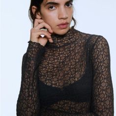 Classy Lace See Through High Neck Top. Great For Layering Or Wearing With A Bralette. Sheer Black Lace Top For Party, Black Sheer Lace Top For Spring, Black Fitted Lace Top With Lace Trim, Elegant Black Sheer Lace Top, Black Lace Top For Fall, Spring Black Crochet Lace Top, Zara Lace Tops For Night Out, Black Lace Top With Lace Trim For Night Out, Fitted Casual Lace Top For Party