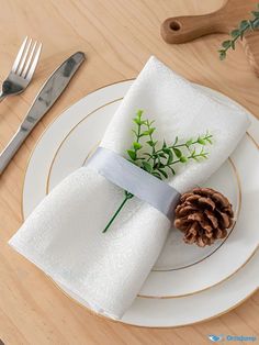 a white plate topped with a napkin and a pine cone