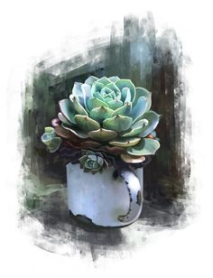 a painting of a coffee cup with a succulent plant in it's center