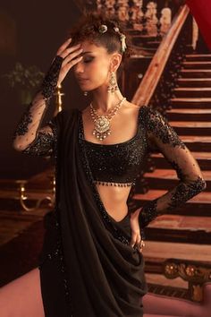 Black saree embellished by tonal beads, sequins on border. Comes with sequin bead embroidered floral blouse. - Aza Fashions Embellished Sleeves, Blouse Sari, Border Saree, Vacuum Storage, Beaded Blouse, Embroidered Saree, Indian Wedding Wear, Black Saree, Embellished Blouse