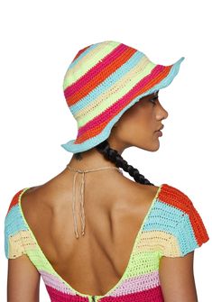 cuz be the one. This bucket hat has a crochet construction and a wide brim. Multicolor Crochet Fedora Hat For Summer, Multicolor Fedora Crochet Hat For Summer, Trendy Crochet Wide Brim Sun Hat, Knitted Short Brim Bucket Hat For Beach, Trendy Crochet Wide Brim Bucket Hat, Knitted Hat With Curved Brim For Vacation, Multicolor Knitted Sun Hat For The Beach, Knitted Sun Hat With Curved Brim For Beach, Knitted Bucket Hat For The Beach