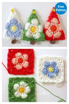 Flower Power Christmas Tree Ornaments Free Crochet Pattern Crochet Christmas Trees Free, Crochet Christmas Trees Pattern, Hand Muff, Ornament Tags, Crochet Christmas Trees, Crochet Daisy, Simple Christmas Tree, Crochet Clothing, Christmas Tree Pattern