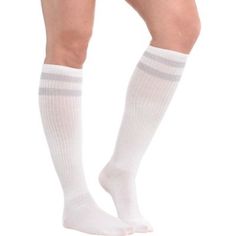 Pull on our Silver Stripe Athletic Knee-High Socks for some instant team spirit! These athletic knee-high socks feature allover bright white with two silver stripes at the top. They reach all the way up to your knees for a look that's both sexy and demure! Silver Stripe Athletic Knee-High Socks product details:  Each measures 19in long Fits men's shoe sizes 4 1-2 to 7 1-2 and women's shoe sizes 5 1-2 to 9 1-2  52% acrylic 39% polyester 6% rubber 2% spandex 1% other fiber  Hand wash cold line dry Oktoberfest Halloween, Halloween Costume Shop, Halloween Store, Sports Themed Party, Kids Party Supplies, Men's Shoe, Adult Halloween Costumes, All The Way Up, Costume Shop