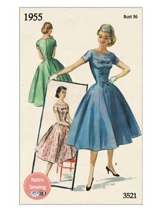 a woman's dress pattern from the 1950's, with an image of her in