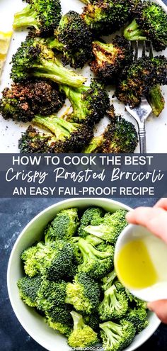 broccoli florets in a bowl with oil being drizzled over them