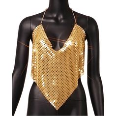 Metal halter top. Glamorous Triangle Halter Top, Glamorous Triangle Halter Top For Parties, Glamorous Halter Top For Summer, Trendy Triangle Top For Party, Glamorous Club Tank Top With Halter Neck, Glamorous Halter Neck Tank Top For Club, Glamorous Gold Halter Top For Summer, Glamorous Black Backless Halter Top, Trendy Evening Halter Neck Top