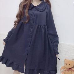 Cookie Petal Dress is an adorable solid color dress with puffy long sleeves, peter pan collar and frilled hem, available in four colors. Doll Collar Dress, Women's Dresses Casual, Puffy Long Sleeves, Petal Dress, Harajuku Punk, K Fashion, Kawaii Dress, Solid Color Dress, Khaki Dress