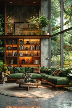 a living room filled with green furniture and lots of plants on the shelves in front of it