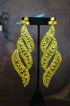 Yellow Rhinestone Jewelry For Party, Elegant Yellow Crystal Earrings For Party, Yellow Dangle Crystal Earrings For Party, Yellow Crystal Earrings For Party, Unique Luxury Yellow Earrings, Yellow Rhinestone Party Jewelry, Luxury Yellow Dangle Earrings, Yellow Chandelier Earrings, Pageant Earrings