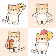 four cartoon cats with different expressions holding presents in their hands and one cat has a bell on its head