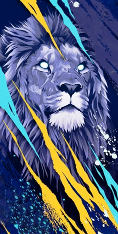 a painting of a lion with blue eyes and yellow streaks on it's face