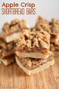 apple crisp shortbread bars stacked on top of each other with the title above it