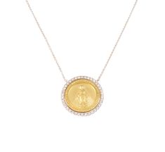 Gorgeous round diamond medal with Miraculous medal. The medal has 0.30cts total weight in diamonds. The necklace measures 18'' inches with jump ring at 17'' inches and 16'' inches. Diamond Coin Pendant Necklace, Commemorative White Gold Necklace With Coin Pendant, Gold Diamond Medallion Necklace, Gold Medallion Diamond Necklace, Round Miraculous Medal Necklace For Anniversary, Miraculous Medal Necklace, The Necklace, Miraculous Medal, Jump Rings