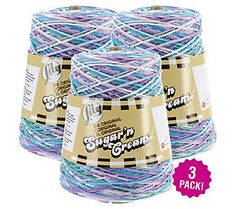 three skeins of cotton yarn in various colors and sizes, with 3 packs of each