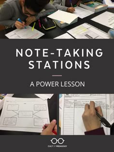 two children sitting at a table with notebooks and papers in front of them text reads, not - taking stations a power lesson