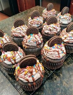 chocolate cupcakes with frosting and sprinkles on a cooling rack