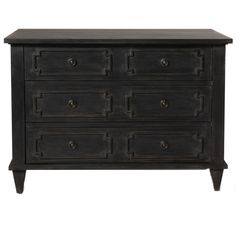 a black dresser with four drawers and two doors on the top, in front of a white background