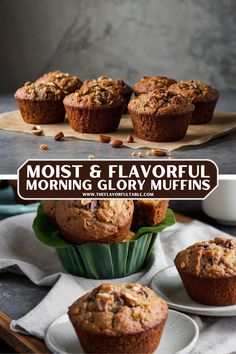 several muffins sitting on plates next to each other with the words most and flavorful morning glory muffins