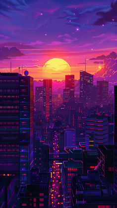 a cityscape with the sun setting in the background and buildings lit up at night