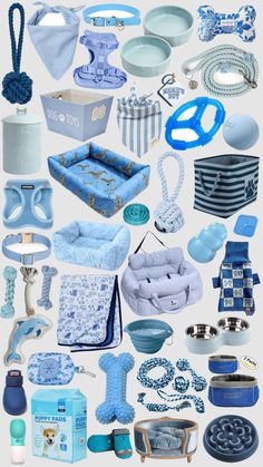 a collage of blue and white items