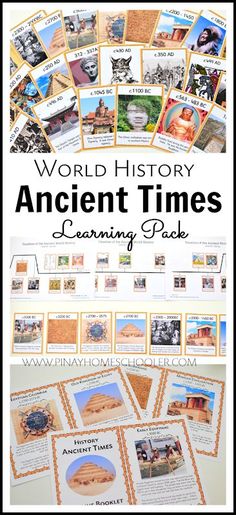 an ancient time learning pack with pictures and text on the front, in black and white