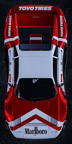 the top view of a red and white car