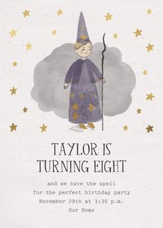 a birthday party card with a wizard holding a wand