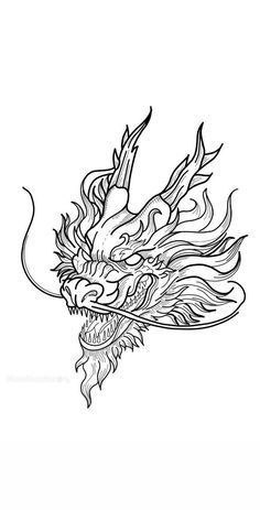 a black and white drawing of a dragon's head with flames coming out of it