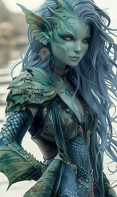 a digital painting of a woman with blue hair and green skin, dressed as a mermaid