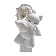 a white cat figurine is standing in front of a white background and has her hands behind her head