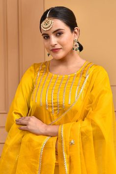 Yellow satin silk kurta with gota embroidery. Comes with sharara and an organza dupatta. - Aza Fashions Gota Embroidery, Kurta And Sharara, Yellow Kurta, Kurta Sharara Set, Kurta Sharara, Diana Penty, Yellow Satin, Silk Kurta, Kareena Kapoor Khan