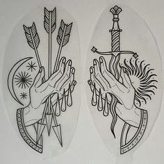 two stickers depicting hands holding arrows