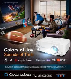 an advertisement for a projector with two men playing video games on the television screen