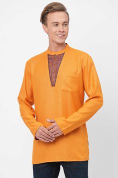 MEN'S GOLDEN BANARSI YOKE SHORT KURTA Golden Fabric, Product Features, Types Of Sleeves