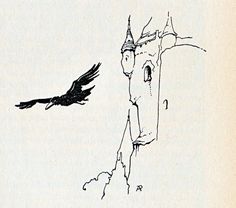 a drawing of a bird flying next to a castle with a crow on it's back