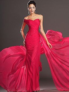 One Shoulder Fine Pleated Chiffon Mermaid Evening Dress - USD $140.00 Prom Dress With Train, Mermaid Sweetheart, Floor Length Prom Dresses, Evening Dress Floor Length, Red Bridesmaid Dresses, Red Evening Dress, Chiffon Evening Dresses