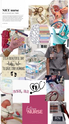 a collage of photos with nurse's tools and medical items on it, including gloves, stethoscopes