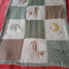 a crocheted blanket with animals on it and the name dyann written in green