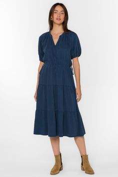 Cassie French Navy Dress - Dresses - Velvet Heart Clothing Casual Tiered Skirt Dress For Work, Summer Short Sleeve Midi Dress With Drawstring, Short Sleeve Midi Dress With Drawstring For Summer, Summer Midi Dress With Drawstring And Short Sleeves, Casual Puff Sleeve V-neck Dress, Casual Puff Sleeve Dress With V-neck, Knee-length Midi Dress With Drawstring, Drawstring Knee-length Midi Dress, Spring Knee-length Midi Dress With Drawstring