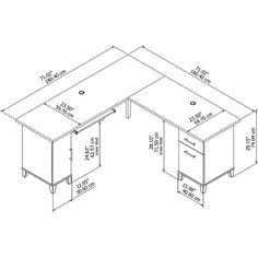 an office desk with two drawers and one drawer on the left side, measurements for each