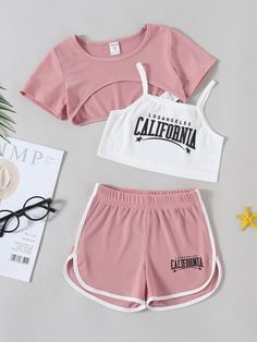 Multicolor  Collar Short Sleeve,Sleeveless  Letter  Embellished Slight Stretch  Young Girls Clothing Cute Lazy Outfits, Cute Preppy Outfits, Styl Boho, Crop Top And Shorts, Tween Outfits, Girls High