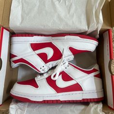 Brand New Comes With Box 100% Authentic (Have Proof Of Purchase) Red Nicke Shoes, Nike White Skate Shoes With Red Sole, Dunk Low Championship Red, Pretty Sneakers, Red Trainers, White Nike Shoes, Pretty Shoes Sneakers, Cute Nike Shoes, Nike Sneakers Women