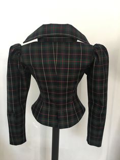 "This is a very stylish and elegant jacket . Leght 58cm - at back. Fully lined. A jacket especially made to turn heads and give you that wow factor :) Vintage style leg o mutton sleeves. SIZE CHART SIZE S - US 6, UK 8, EU 36 bust: bust around 34.5\"/90cm Waist: waist around 27.5\"/70cm Hips: hips around 34.5\"/90cm SIZE M - US 8, UK 10, EU 38 bust: bust around 37.5\"/95cm Waist: waist around 29.5\"/75cm Hips: hips around 37.5\"/95cm SIZE L - US 10, UK 12, EU 40 bust: bust around 39.5\"/100cm Wai Plaid Fitted Tweed Jacket With Lapel Collar, Chic Fitted Plaid Tweed Jacket, Fitted Tweed Jacket With Suit Collar For Fall, Fitted Plaid Outerwear With Lapel Collar, Fitted Plaid Outerwear With Buttons, Fitted Plaid Outerwear For Work, Tailored Costume Blazer, Fitted Plaid Blazer With Lapel Collar, Formal Fitted Plaid Blazer