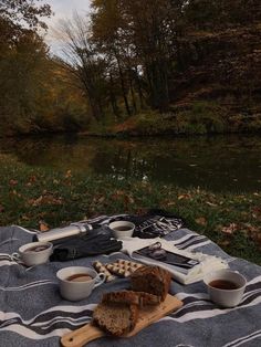 a picnic blanket with food on it next to a river