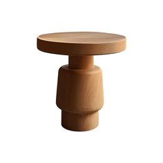 a wooden table with two legs and a round top on white background, side view