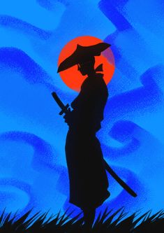 the silhouette of a person holding an umbrella and standing in front of a blue sky