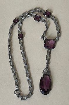 "Art Deco purple glass , amethyst glass, metal  filigree necklace  Excellent condition 1920-s.  15.25\" with clasp, center part  drop - 2 3/16\" x 5/8\"  09/12/22 00830" 1920s Jewelry Necklace, Purple Necklace Aesthetic, Purple Accessories Aesthetic, Purple Glasses, Purple Accessories, Center Part, Filigree Necklaces, Necklace Purple, Purple Jewelry