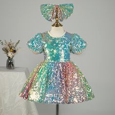 Baby Girl and Toddler Rainbow Sequined Puffy Princess Birthday Party – marryshe Fitted Short Sleeve Princess Dress For Party, Fitted Princess Dress With Short Sleeves For Party, Holiday Sequin Dress For Dress-up Occasions, Party Season Contrast Sequin Dress For Dress-up, Spring Sequin Dress For Pageant, Princess Style Puff Sleeve Dress For Party, Party Season Sequin Dress With Contrast Sequin, Sequin Short Sleeve Dress For Birthday, Sequin Dress For Party Season Fancy Dress