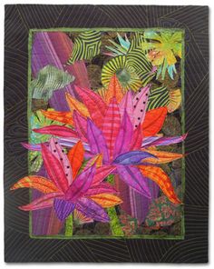 an artistic painting with colorful flowers and leaves on black paper, in the middle of a square